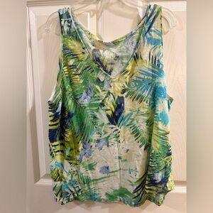 J. Jill Tropical Leaf V-Neck 100% Linen Tank Top in Green & Blue